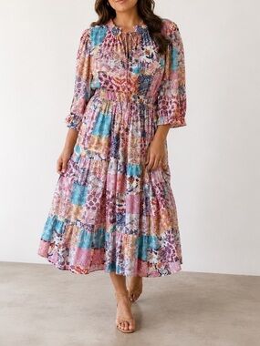 Lola Australia Kara Pacific Bluebell Patchwork Boho Button Front Midi Dress